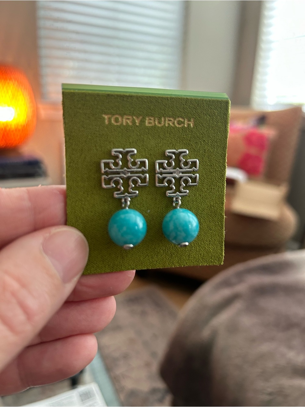 Tory Burch Fresh and Sweet Agate Pendant Earrings Blue Silver NWT